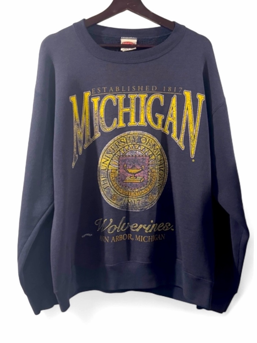 Vintage University of Michigan Wolverines Navy Graphic Sweatshirt Size Large